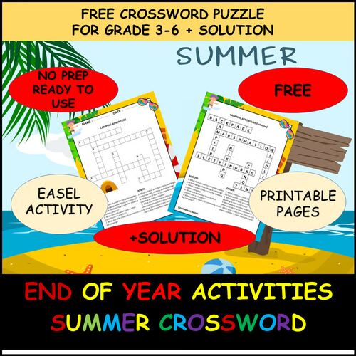 Free printable summer crossword puzzle for grades 3-6