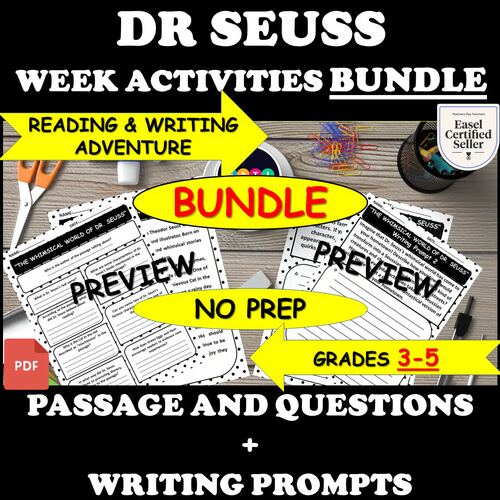 Dr. Seuss Week reading and writing bundle printable worksheets for grades 3-5