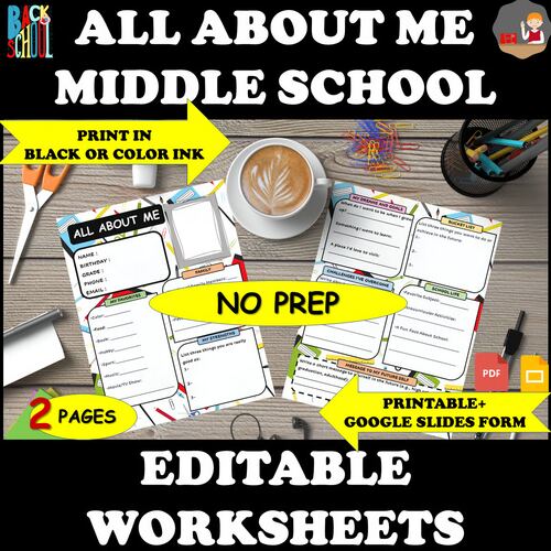 All About Me worksheet for middle school students
