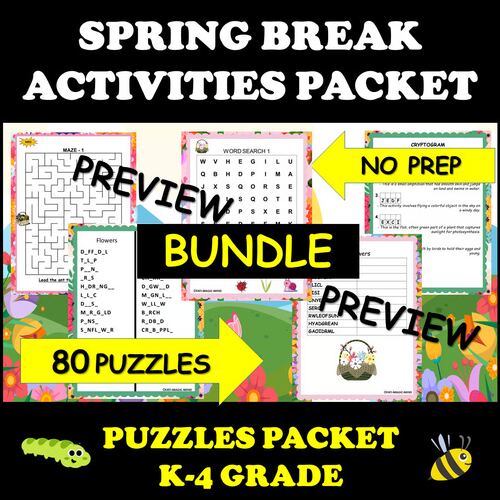 Spring Break puzzles bundle with word search and mazes for grades K-4