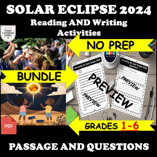 Solar Eclipse 2024 reading passage and writing activities bundle for grades 1-6
