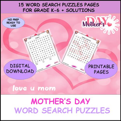 Mother's Day word search printable puzzles for grades K-6