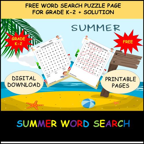 Free printable summer word search puzzle for grades K-2