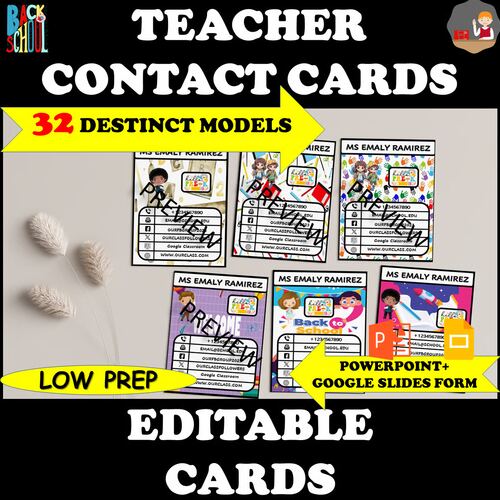 Editable teacher contact cards for meet the teacher night