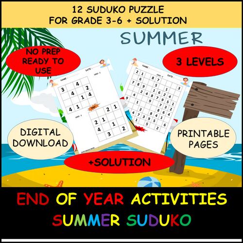 Summer Sudoku printable puzzles for grades 3-6