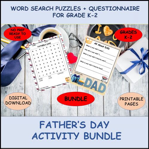 Father's Day activity bundle with questionnaire and word search for grades K-2